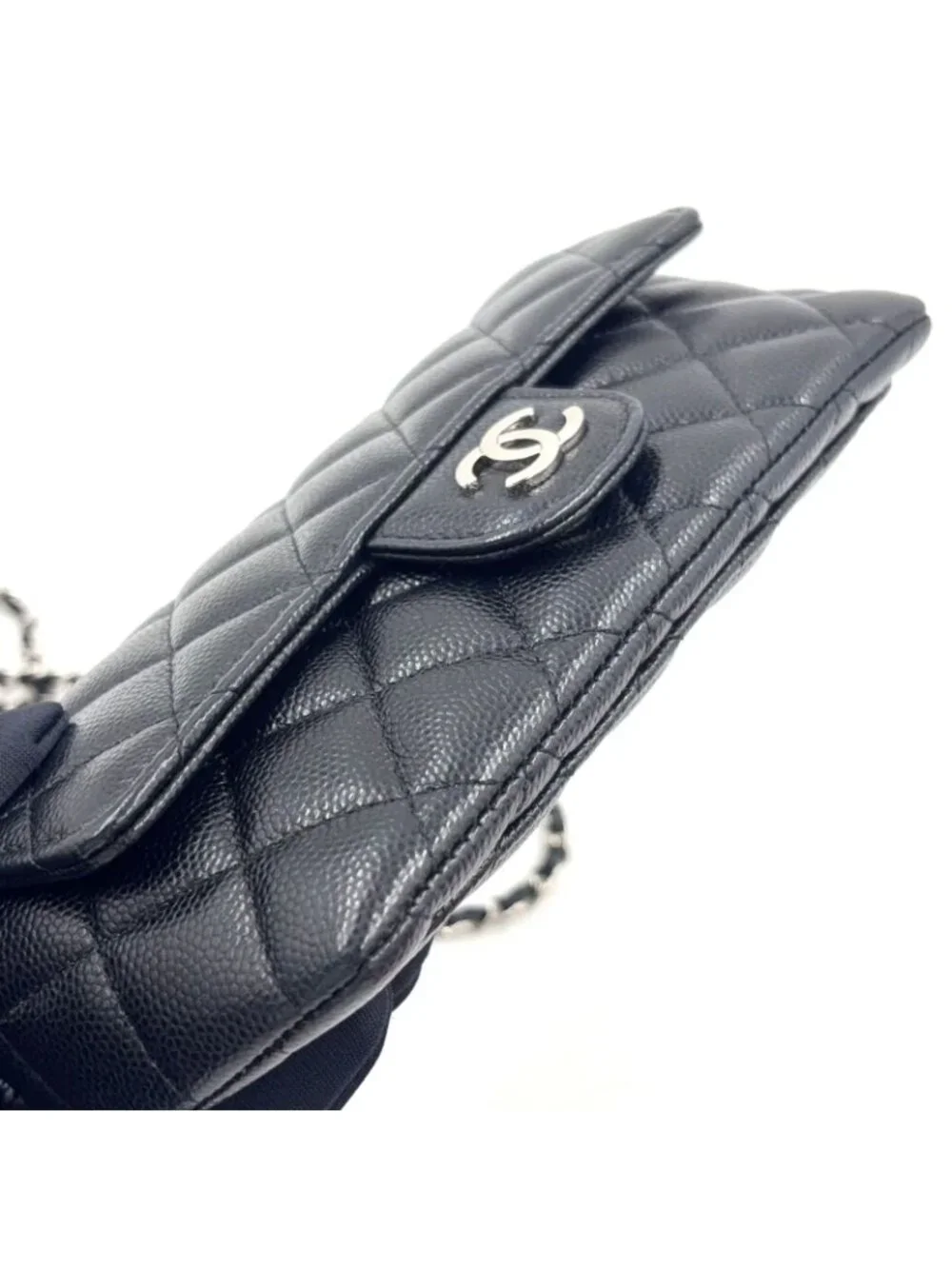 Chanel Quilted Eyewear Case Caviar Leather Black Chain Shoulder Bag Silver